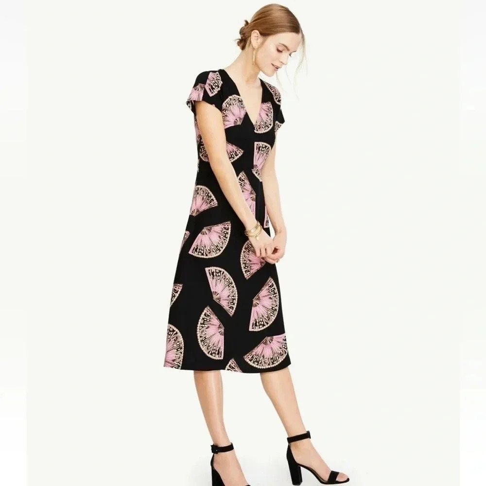 Ann Taylor | Black Pink Dancing Fan V Neck Fit And Flare Midi Dress Size 0 - Picture 6 of 6
